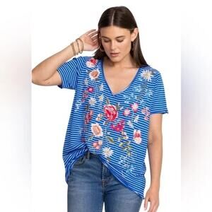 Johnny Was Catalina Everyday Tee Blue Stripe Floral Embroidered Size Small